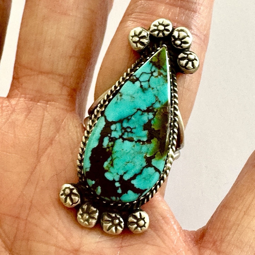 Navajo Turquoise Ring Sz 7 Flat Cab Sterling Signed Selina Warner Native Amer